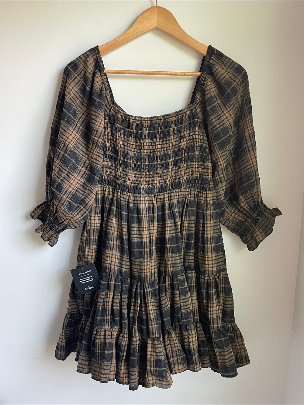 Lulu's Black and Tan Plaid Flannel Smocked Puff-Sleeve Tiered Mini Dress - Picture 5 of 5